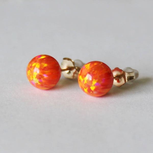 6mm or 8mm Orange fire opal stud earrings, 14K gold fill opal studs, Mexican opal earrings, Gold opal earrings, Summer, Orange opal earrings