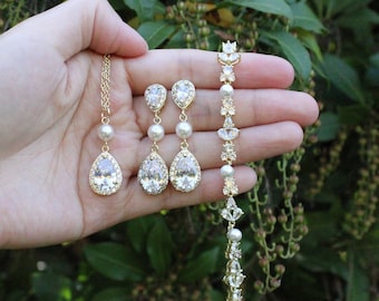 Caiyao Handmade Simulated Pearl Necklace & Earrings Set - Bridal, Wedding, Party Jewelry For Women