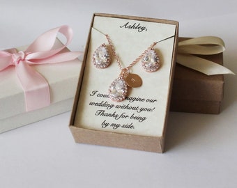 Custom Tear drop CZ bridesmaid gift, Cubic Zirconia necklace earrings set bridesmaid necklace Bridesmaid bracelet Pear necklace earrings XY1