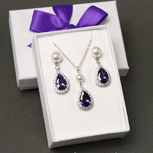 Purple dark Amethyst pearl earrings necklace set Purple wedding jewelry set Bridal jewelry set Bridesmaid jewelry necklace bracelet earrings