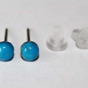 Titanium Earring, Tiny 4mm Turquoise Blue Howlite stone Cabochon studs, Silicone Earrings hypoallergenic, Titanium gemstone studs