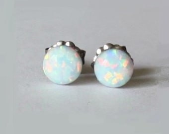 6mm Fiery Opal Stud earrings, White opal earrings, hypoallergenic Titanium post earrings, opal studs, Bridesmaid earrings, birthstone gift