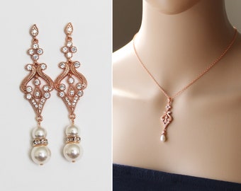 Filigree long bridal pearl CZ crystal earrings back drop necklace, Rose gold bridal jewelry, wedding earrings, Gold bridal necklace XY1