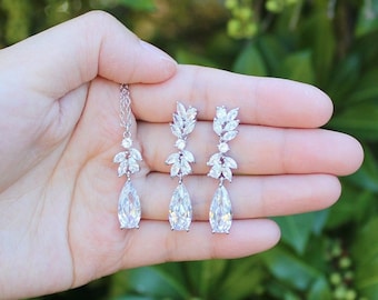 Joyas nupciales con forma de gota de lluvia, collar de perlas, pendientes, pulsera, pendientes de dama de honor, joyas de boda, collar de novia, perlas, gota de circonita cúbica, novia zz