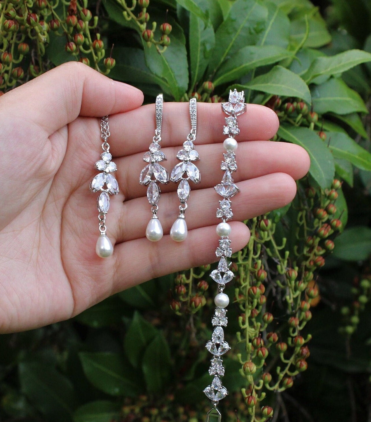Chargances Bridal Pearl Jewelry Set | Necklace, Earrings & Bracelet In Silver - Wedding & Bridesmaid