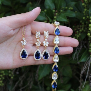 Royal blue bridal jewelry set Bridal earrings Bridal jewelry Bridesmaids gift Sapphire blue wedding jewelry Gold bridal necklace XY1