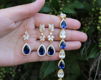 Conjunto de joyas de novia azul real, pendientes de novia, joyas de novia, regalo para damas de honor, joyas de boda azul zafiro, collar de novia dorado XY1