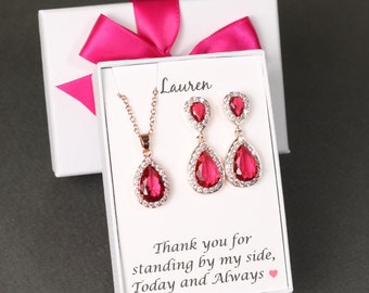 Set di gioielli da sposa rosa shocking ciliegia, orecchini personalizzati rosa per damigelle, collana e bracciale per damigelle, gioielli da sposa fucsia, regali per damigelle