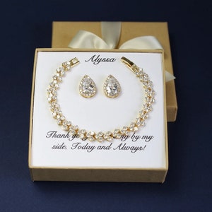Personalized bridesmaid gift Tear drop cubic zirconia bracelet earring SET Gold necklace Bridesmaid earrings Mother wedding gift XY1
