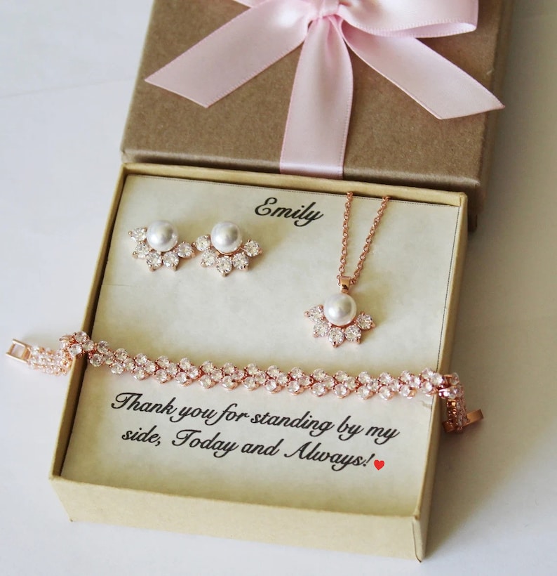 Custom pearl color wedding jewelry set Bridesmaid bracelet earrings Pearl bridesmaid gift Bridesmaid earrings Wedding necklace earrings XY1 image 1