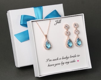 Conjunto de joyas de novia en color azul agua, pendientes de boda en color azul claro, collar y pulsera, regalos de dama de honor en color aguamarina, joyas de dama de honor en color azul aguamarina