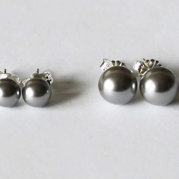 6mm, 8mm Gray Swarovski pearl stud earrings Sterling Silver Dark gray bridesmaid pearl studs Bridesmaid earrings Light gray pearl earrings