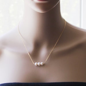 淡水真珠ネックレス、パールバー、トリプルパールネックレス 14K ゴールドフィルド、スターリングシルバー ブライズメイドネックレス、ローズゴールドパールネックレス