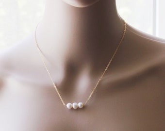 Zoetwaterparelketting, parelstaaf, drievoudige parelketting 14K gold filled, sterlingzilveren bruidsmeisjesketting, roségouden parelketting