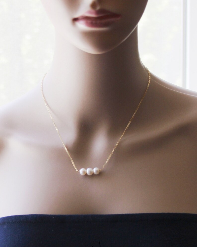 Fresh water pearl necklace, pearl bar, triple pearl necklace 14K gold filled, Sterling silver Bridesmaids necklace, Rose Gold pearl necklace image 1