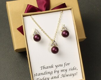 Bruidsmeisjes pareloorbellen parelketting oorbellen set bruidsmeisje sieraden parel aangepaste bordeaux bruidsmeisjes oorbellen aangepaste bruidsmeisje cadeau