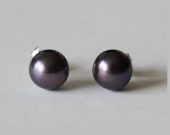 8mm Plum purple Genuine Fresh Water pearl earring studs Pearl earrings Dark purple stud earrings Plum Bridesmaids earrings pearl