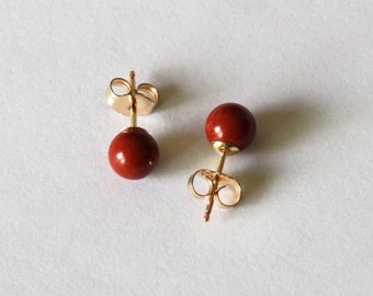 6mm Natural Red Jasper Studs, 14K gold filled earrings, Brown red gemstone studs, Jasper earrings, Red stud earrings