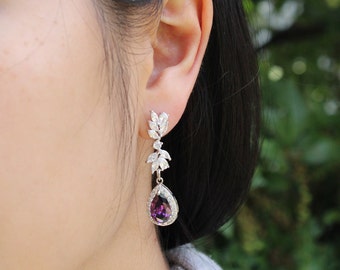 Brincos de noiva roxo escuro Ametista Brincos de madrinhas colar Jóias de noiva Pulseira de noiva roxa Brincos de madrinhas de ouro XY1