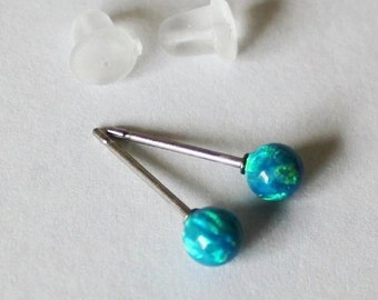 Peacock blue Titanium or Niobium opal earrings 3mm 4mm 6mm or 8mm blue Opal ball Studs Hypoallergenic blue green opal studs Titanium earring