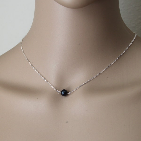 Genuine Round AAA Black Pearl Necklace, Black fresh water pearl necklace, June birthstone, Bridesmaid necklace, Sterling silver, Real pearl