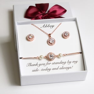 Rose Gold round CZ earrings necklace bracelet set Bridesmaid gift set CZ pearl bracelet earrings Bridesmaid earrings Bridesmaid bracelet XY1