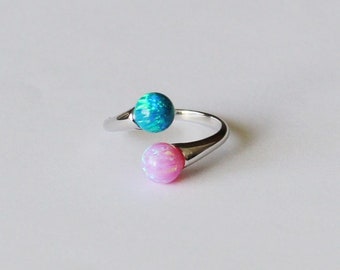 Pink and Peacock blue Opal open ring Sterling silver Adjustable ring Bridal Birthstone ring Fire opal ring Double opal ring Birthstone ring