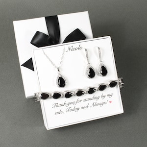 Black cubic zirconia bridal earrings necklace set Bridesmaid bracelet earrings black Bridesmaid gift Bridal party gift Black drop XY1