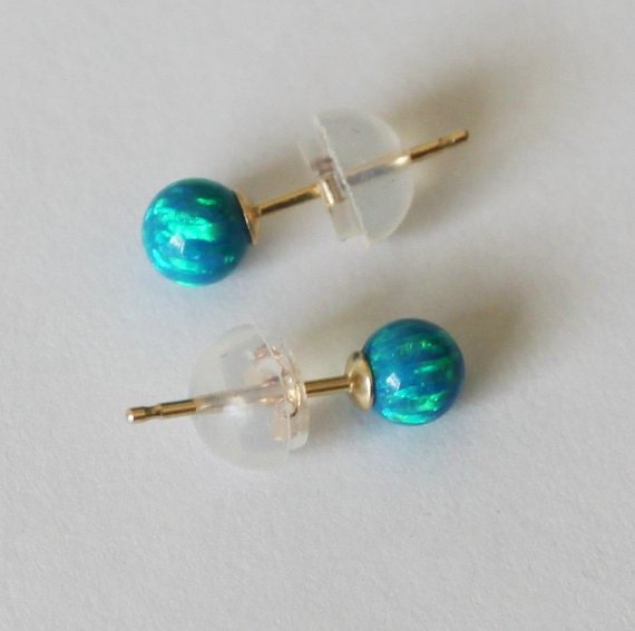 Solid gold Peacock Blue opal ball earring studs, 4mm, 6mm, 8mm blue opal studs, 14K gold opal earrings, gold silicone earrings, Opal earring