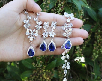 Royal blue bridal jewelry set Wedding necklace earrings bracelet SET Bridal drop earrings Sapphire blue wedding jewelry Bridal Necklace XY1