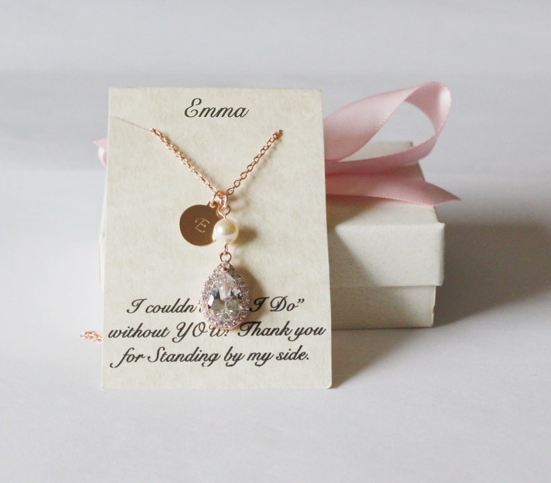 Personalized Bridesmaid necklace, Tear Drop CZ necklace, Cubic Zirconia bridal gift, Initial necklace, Monogram bridesmaid jewelry, wedding image 5