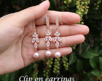 CLIP ON Custom pearl bridesmaid earrings Blush pink pearl Bridesmaids earrings necklace Bridal earrings Pink bridesmaids earrings leaf drops