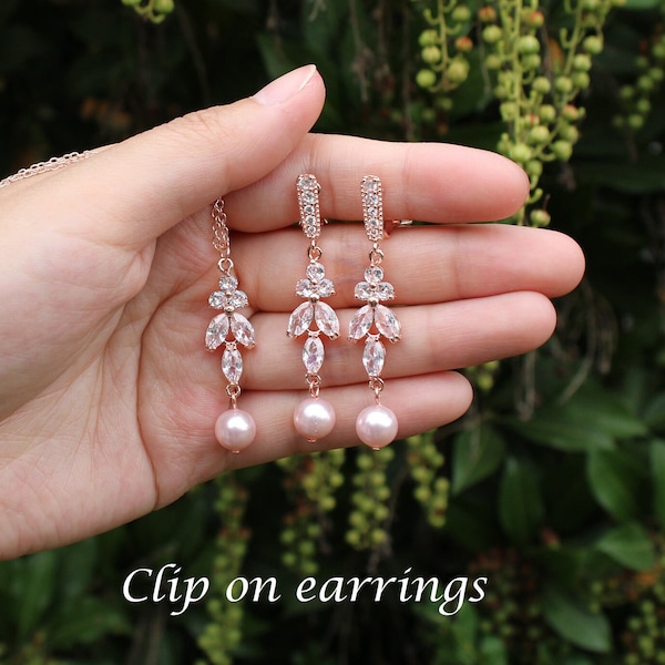 CLIP ON Custom pearl bridesmaid earrings Blush pink pearl Bridesmaids earrings necklace Bridal earrings Pink bridesmaids earrings leaf drops