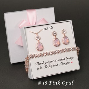 Personalisierte Pink Opal Ohrringe Halskette Pink Hochzeitsgeschenk Rose Gold Brautjungfer Armband Brautschmuck-Set Pink-Set XY1