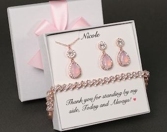 Collar y pendientes de dama de honor con ópalo rosa personalizado, regalo de boda rosa, pulsera de dama de honor de oro rosa, conjunto de joyas de novia, conjunto rosa XY1