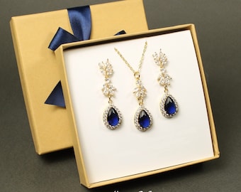 Navy blue bridal drop earrings Wedding necklace earrings bracelet SET Bridesmaids gift Sapphire blue wedding jewelry Bridal jewelry set Vine