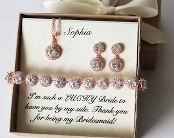 Custom bridal gift set, Round CZ necklace earrings bracelet SET, Cubic Zirconia, Bridesmaid earrings set, Bridesmaid bracelet earrings gift