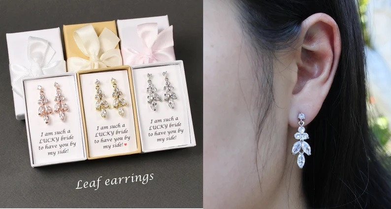 Custom personalized bridesmaid gift Engraved bridesmaid earrings Tear drop bridesmaid earring round earring gift custom message ribbon color Leaf earrings