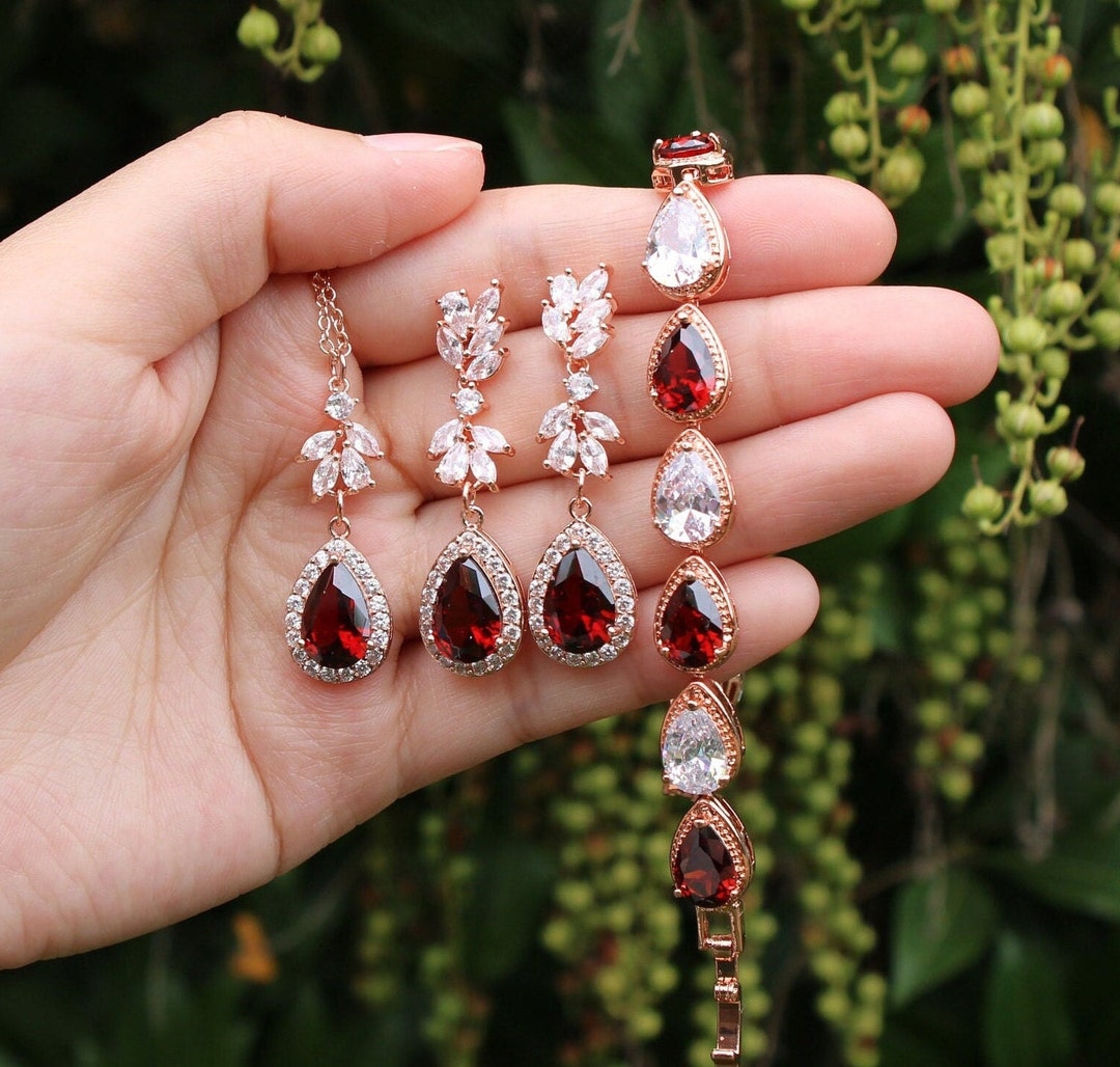 Burgundy Red Bridal Drop Necklace Earrings Wedding Jewelry Dark