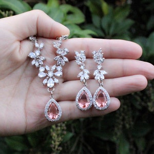 Wedding Jewelry Set Bridal Jewelry Blush pink morganite bridesmaid gifts set Bridal Earrings Necklace bracelet silver Custom Leaf Vine XY1