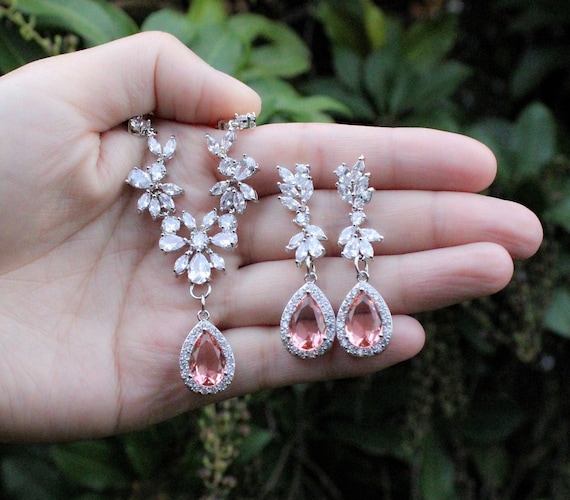Wedding Jewelry Set Bridal Jewelry Blush Pink Morganite Bridesmaid Gifts Set Bridal Earrings Necklace Bracelet Silver Custom Leaf Vine XY1 Etsy