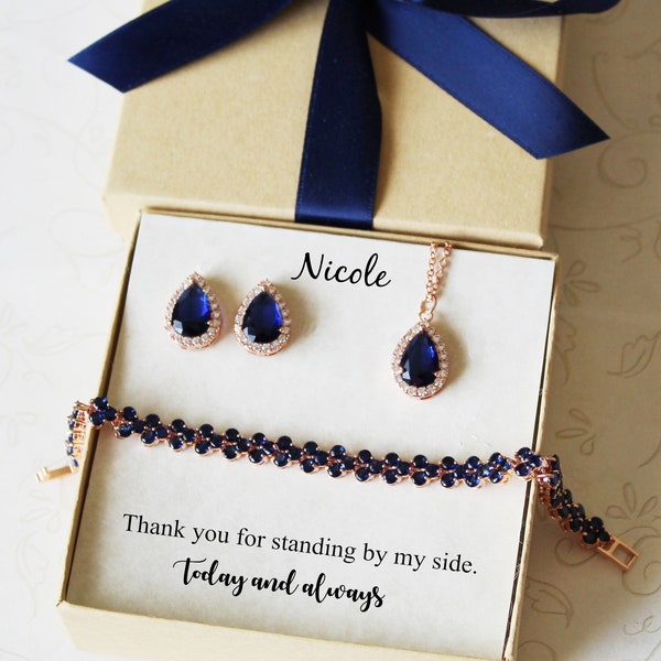 Engraved navy blue wedding bracelet necklace set, Bridesmaid bracelet earrings, Navy bridesmaid earrings necklace, Blue bridal jewelry gift