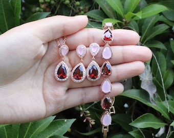 Bruidssieraden set, opaal roze bordeaux traan CZ oorbellen blush roze granaat bruidsmeisje oorbel donkerrode oorbellen bruidsmeisje cadeau XY1