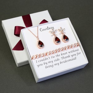 Dark red bridesmaid earrings bracelet, Burgundy bridesmaid jewelry Cubic Zirconia earrings necklace Bridesmaid gift Garnet red wedding XY1