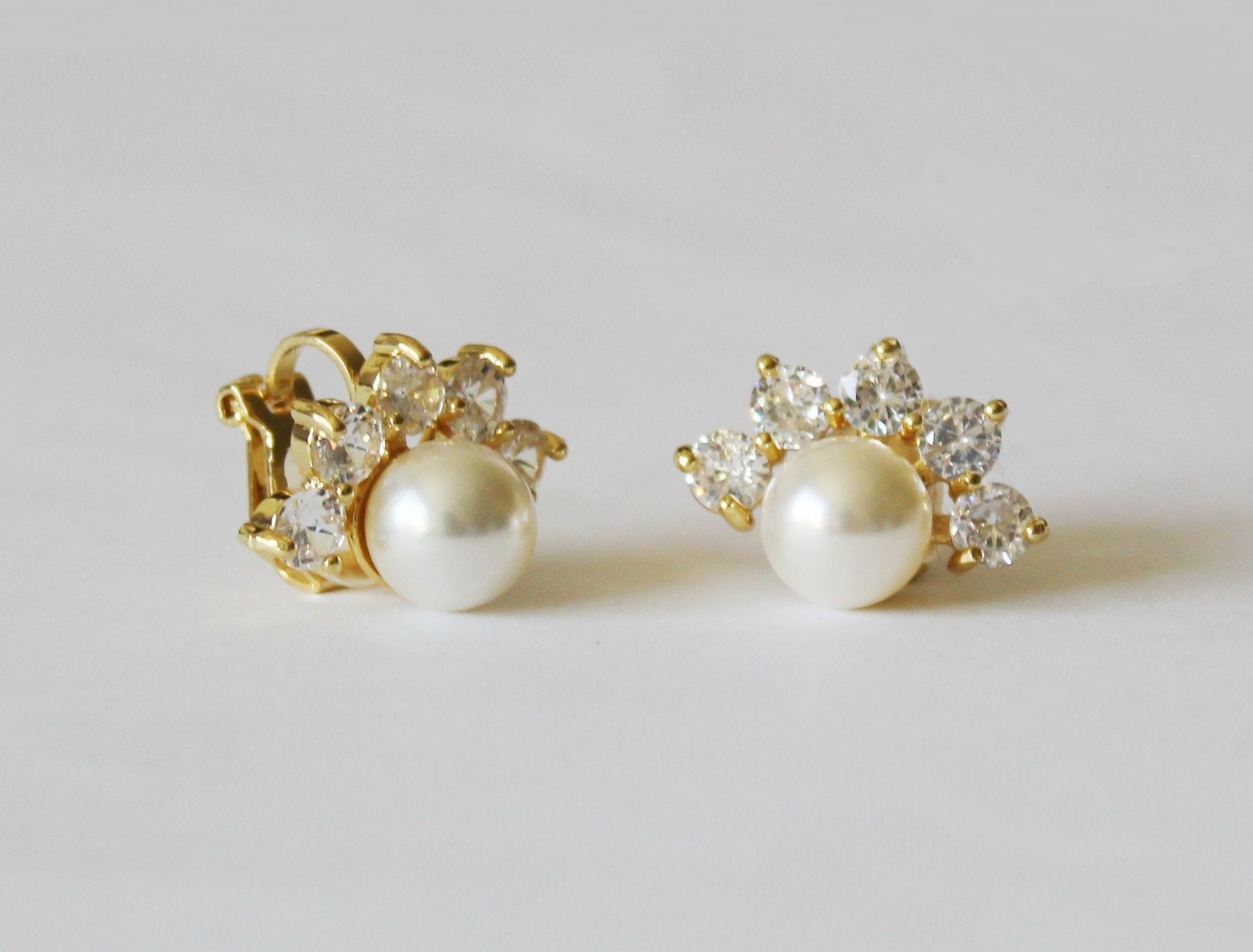 Clip ON Custom Pearl CZ Stud Earrings Mothers Gift Bridal Party