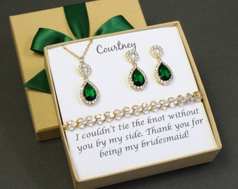 Bridesmaid earrings Emerald tear drop crystal earrings Green bridesmaid jewelry Emerald earrings necklace bracelet set Bridesmaid gift set