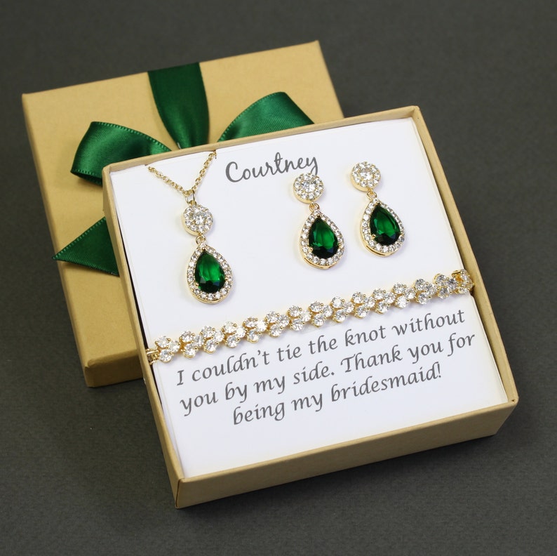 Bridesmaid earrings Emerald tear drop crystal earrings Green bridesmaid jewelry Emerald earrings necklace bracelet set Bridesmaid gift set image 1