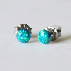 5mm Peacock blue opal stud earrings- Titanium opal earrings - Blue green opal studs- Small opal earrings- Titanium earrings- Hypoallergenic