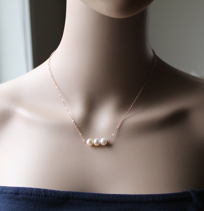 Fresh water pearl necklace, pearl bar, triple pearl necklace 14K gold filled, Sterling silver Bridesmaids necklace, Rose Gold pearl necklace image 3