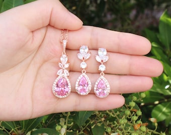 Set di orecchini e collana da sposa rosa Set di gioielli da sposa Orecchini e collana da sposa rosa Bracciale Gioielli da sposa Regalo damigelle d'onore Ballo di fine anno XY1